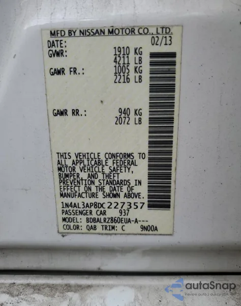 2013 Nissan Altima 2.5 z USA, uszkodzony, nr VIN 1N4AL3AP8DC227357